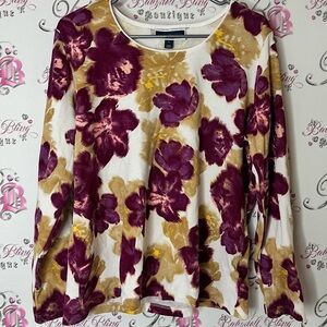 Karen Scott Purple and Gold Floral Blouse long sleeve soft stretchy flowers